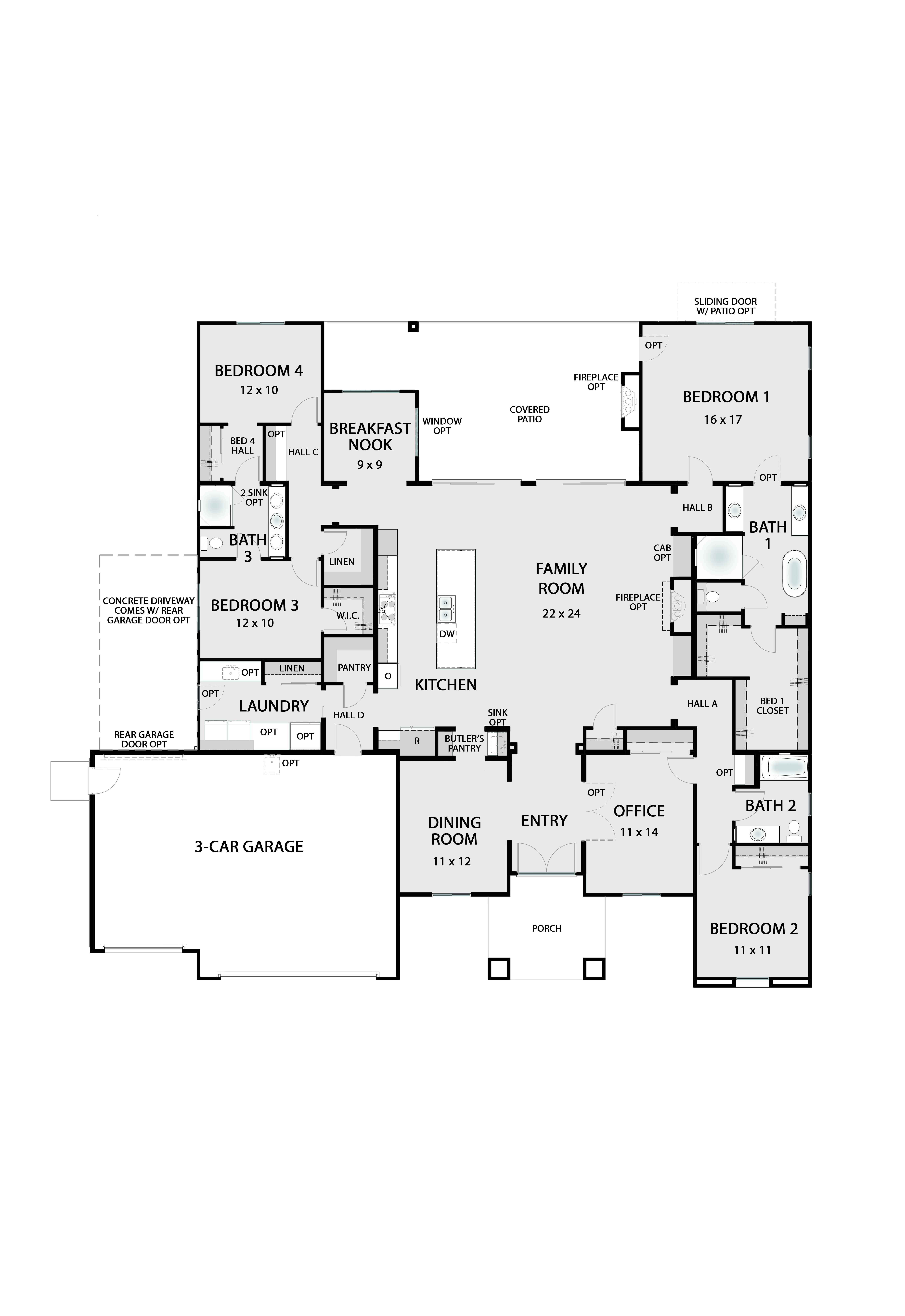 The Tacoma base floor plan — 3,064 square foot home with 4 bedrooms, 3 bathrooms, 3-car garage, chef's kitchen with butler's pantry, and expansive family room